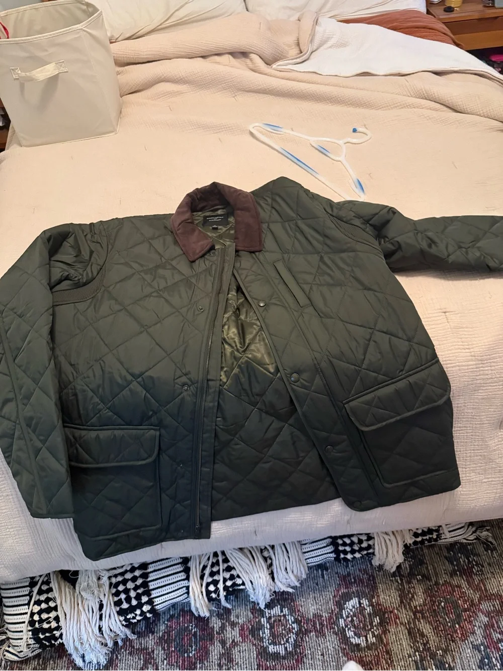 Banana Republic Quilted Dark Green Jacket with Brown Corduroy Collar